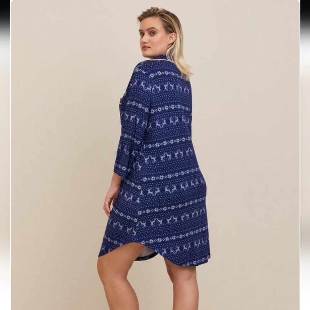 Torrid Sleep 1X Blue Fair Isle Night Shirt Dress Deer Print Sleepgown NEW - Picture 2 of 13